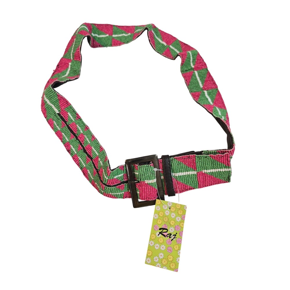 Raj Pink Green Geometric Beaded Leather Belt Boho‎ Statement Handcrafted Wide